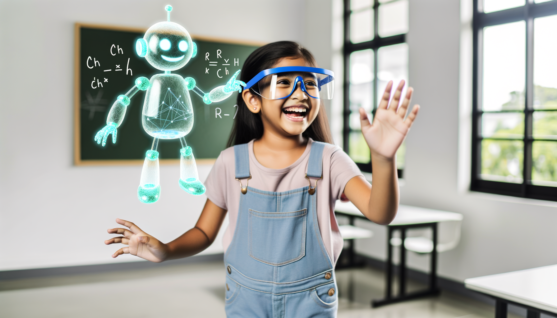 Child with VR glasses learning from virtual AI tutor